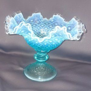 Vintage Fenton Diamond Lace Blue Opalescent Ruffle Top Pedestal Bowl